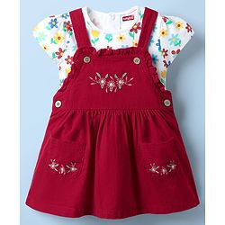 Babyhug Cotton Woven Half Sleeves Frock & Inner Tee With Floral Print & Embroidery - Red