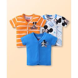 Babyhug Disney Interlock Knit Half Sleeves Front Open Jhablas with Mickey Mouse Graphics Pack of 3 - Orange Blue & White