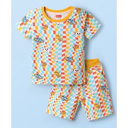Babyhug Single Jersey Knit Half Sleeves T-Shirt & Shorts Co-Ord Set with Space Theme Print - Yellow