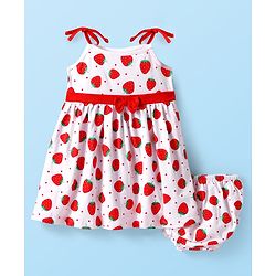 Babyhug Cotton Woven Sleeveless Strawberry Printed Frock With Bow Applique & Bloomer - White