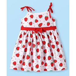 Babyhug Cotton Woven Sleeveless Strawberry Printed Frock With Bow Applique & Bloomer - White