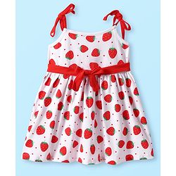 Babyhug Cotton Woven Sleeveless Strawberry Printed Frock With Bow Applique & Bloomer - White