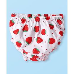 Babyhug Cotton Woven Sleeveless Strawberry Printed Frock With Bow Applique & Bloomer - White