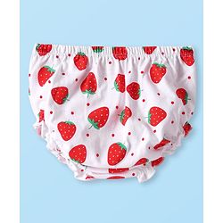 Babyhug Cotton Woven Sleeveless Strawberry Printed Frock With Bow Applique & Bloomer - White