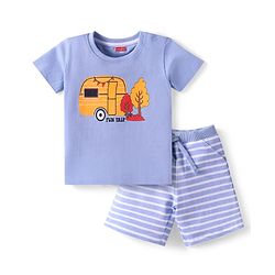 Babyhug Single Jersey Knit Half Sleeves T-Shirt & Shorts Set with Fun Trip Print - Lavender