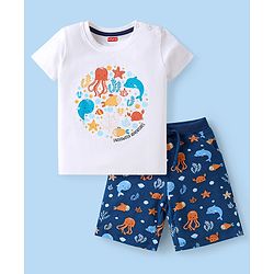 Babyhug Single Jersey Knit Half Sleeves T-Shirt & Shorts Set with Sea Life Print - Navy Blue & White