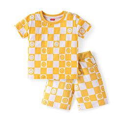 Babyhug Single Jersey Knit Half Sleeves Co-ords Checkered T-Shirt & Shorts Set with Smiley Print - Yellow