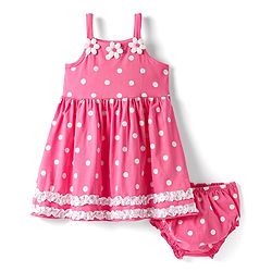 Babyhug Cotton Woven Sleeveless Polka Dot Printed Frock With Floral Applique & Bloomer - Dark Pink