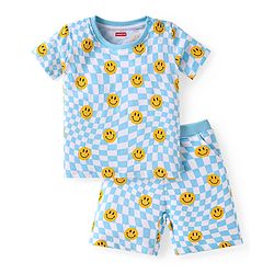 Babyhug Single Jersey Knit Half Sleeves Co-ords T-Shirt & Shorts Set with Smiley Print - Light Blue