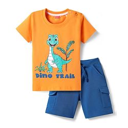 Babyhug Single Jersey Knit Half Sleeves T-Shirt & Shorts with Dino Print - Orange & Navy Blue