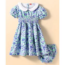 Babyhug Cotton Knit Half Puffed Sleeves Floral Printed Peter Pan Collared Frock with Bloomer & Smocking - Light Blue