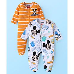 Babyhug Disney Interlock Knit Full Sleeves Footed Sleepsuits With Mickey Mouse Graphics Pack Of 2 - White & Mustard