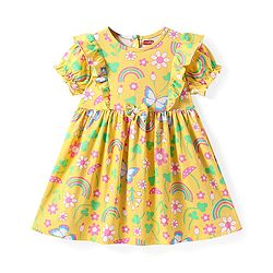 Babyhug Cotton Woven Half Sleeves Dress With Floral Print & Bow Applique - Yellow
