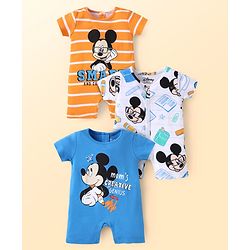 Babyhug Disney Interlock Knit Half Sleeves Rompers with Mickey Mouse Graphics Pack of 3 - Blue White & Orange