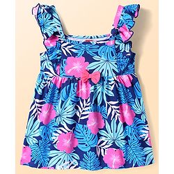Babyhug Cotton Woven Frill Sleeves Frock with Floral Print & Bow Applique - Navy Blue