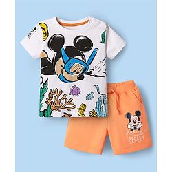 Babyhug Disney Single Jersey Knit Half Sleeves T-Shirt & Shorts Set With Mickey Mouse & Family Graphics - White & Orange