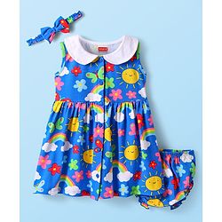 Babyhug Cotton Woven Sleeveless Floral & Butterfly Printed Frock With Bloomer & Headband - Blue