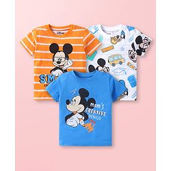 Babyhug Disney Single Jersey Knit Half Sleeves T-Shirts With Mickey Mouse Graphics Pack Of 3 - Blue & White