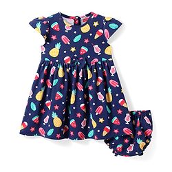 Babyhug Cotton Woven Cap Sleeves Frock With Fruit Print & Bloomer - Navy Blue