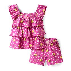 Babyhug Single Jersey Knit Frill Sleeves Co-ords Layered Top & Shorts Set with Floral Print & Bow Applique - Dark Pink