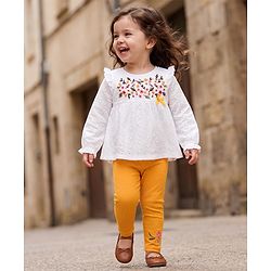 Babyhug 100% Cotton Single Jersey Knit Full Sleeves Top & Leggings with Floral Embroidery - White & Yellow
