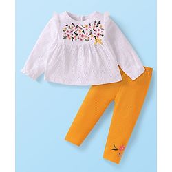 Babyhug 100% Cotton Single Jersey Knit Full Sleeves Top & Leggings with Floral Embroidery - White & Yellow