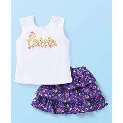 Babyhug Single Jersey Knit Sleeveless Tank Top & Skirt with Floral Print & Love Text Print - White & Purple