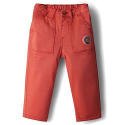 Babyhug Cotton Lycra Woven Full Length Solid Coloured Trouser With Stretch & Animal Patch - Coral