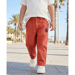 Babyhug Cotton Lycra Woven Full Length Solid Coloured Trouser With Stretch & Animal Patch - Coral