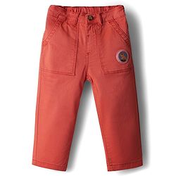 Babyhug Cotton Lycra Woven Full Length Solid Coloured Trouser With Stretch & Animal Patch - Coral