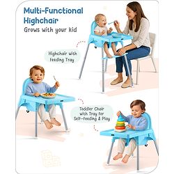 Babyhug Multi-functional Highchair & Convertible Feeding Chair | Removable Feeding Tray| Adjustable Footrest| Safety Harness| Anti-skid Base| Easy Assembly| Easy Cleaning| 6 Months to 3 Years - Blue