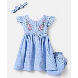 Babyhug Cotton Woven Frill Sleeves  Anti Bacterial Checkered Frock with Floral Embroidery Bloomer & Headband - Light Blue