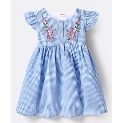 Babyhug Cotton Woven Frill Sleeves  Anti Bacterial Checkered Frock with Floral Embroidery Bloomer & Headband - Light Blue