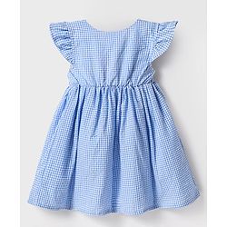 Babyhug Cotton Woven Frill Sleeves  Anti Bacterial Checkered Frock with Floral Embroidery Bloomer & Headband - Light Blue