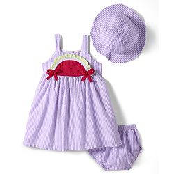 Babyhug Cotton Knit Sleeveless Striped Frock with Bloomer & Hat - Lilac