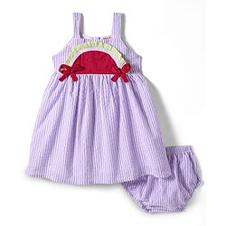 Babyhug Cotton Knit Sleeveless Striped Frock with Bloomer & Hat - Lilac