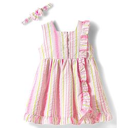 Babyhug Single Jersey Knit Sleeveless Striped Frock with Headband with Frill Detailing - Pink