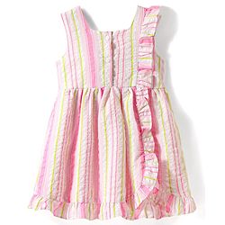 Babyhug Single Jersey Knit Sleeveless Striped Frock with Headband with Frill Detailing - Pink