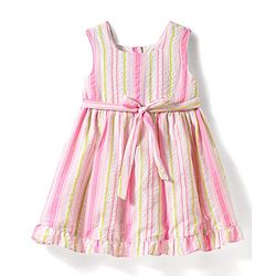 Babyhug Single Jersey Knit Sleeveless Striped Frock with Headband with Frill Detailing - Pink