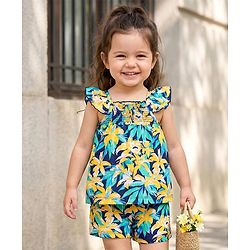 Babyhug Single Jersey Knit Frill Sleeves Co-ords Top & Shorts Set with Floral Print & Fabric Belt - Navy Blue