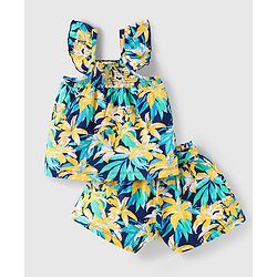 Babyhug Single Jersey Knit Frill Sleeves Co-ords Top & Shorts Set with Floral Print & Fabric Belt - Navy Blue