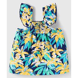 Babyhug Single Jersey Knit Frill Sleeves Co-ords Top & Shorts Set with Floral Print & Fabric Belt - Navy Blue
