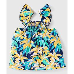 Babyhug Single Jersey Knit Frill Sleeves Co-ords Top & Shorts Set with Floral Print & Fabric Belt - Navy Blue
