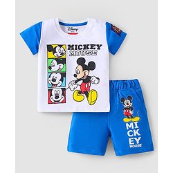 Babyhug Disney Single Jersey Knit Half Sleeves T-Shirt & Shorts Set With Mickey Mouse Graphics - White & Blue