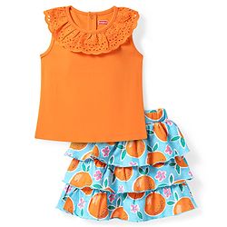 Babyhug Single Jersey Knit Sleeveless Top & Frill Skirts Set with Orange Print - Orange & Blue