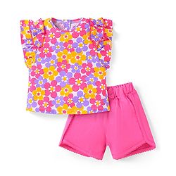 Babyhug Single Jersey Knit Frill Sleeves Top & Shorts Set With Floral Print & Bow Applique - White & Dark Pink