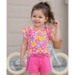 Babyhug Single Jersey Knit Frill Sleeves Top & Shorts Set With Floral Print & Bow Applique - White & Dark Pink