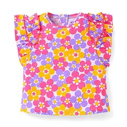 Babyhug Single Jersey Knit Frill Sleeves Top & Shorts Set With Floral Print & Bow Applique - White & Dark Pink