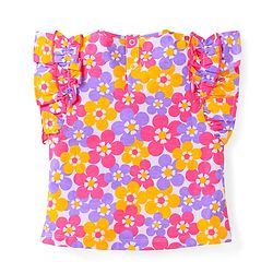 Babyhug Single Jersey Knit Frill Sleeves Top & Shorts Set With Floral Print & Bow Applique - White & Dark Pink