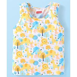 Babyhug 100% Cotton Knit Sleeveless Sando with Jungle Theme  Print - White Yellow & Blue